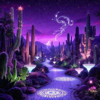 The primary subject of the image is a pathway surrounded by cacti and lit up by blue lights. The setting is a desert-like environment with a purple sky in the background. The visual style is a digital art or illustration, creating a surreal and magical atmosphere. The colors and mood are predominantly purple and blue, giving the scene a serene and enchanting quality.